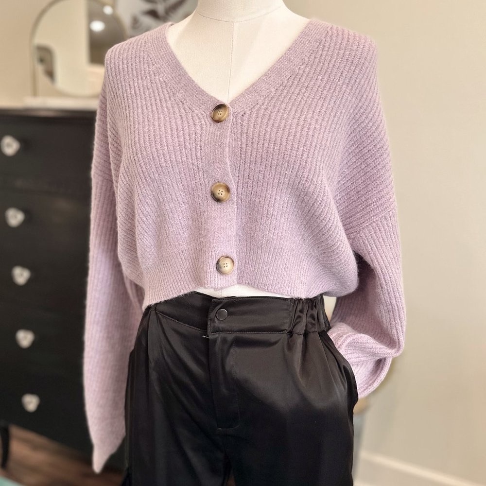 Lavender Button Front Cropped Cardigan